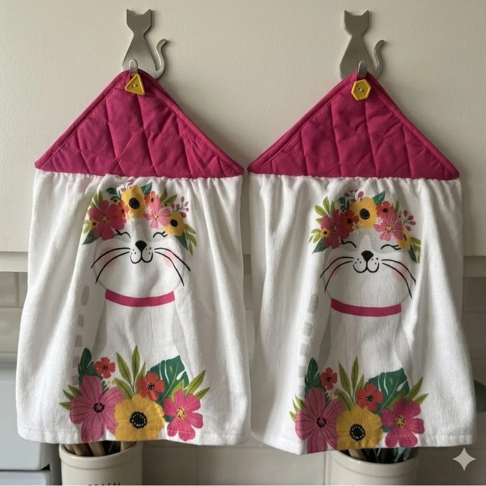 🔥Hand Crafted Spring Floral Cat Kitchen Towels